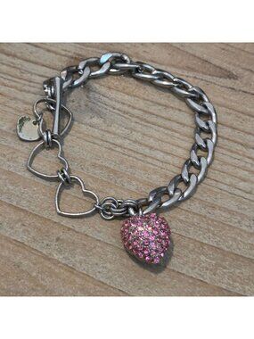 Charm It! Silver Tone Pink Rhinestone Heart Bracelet